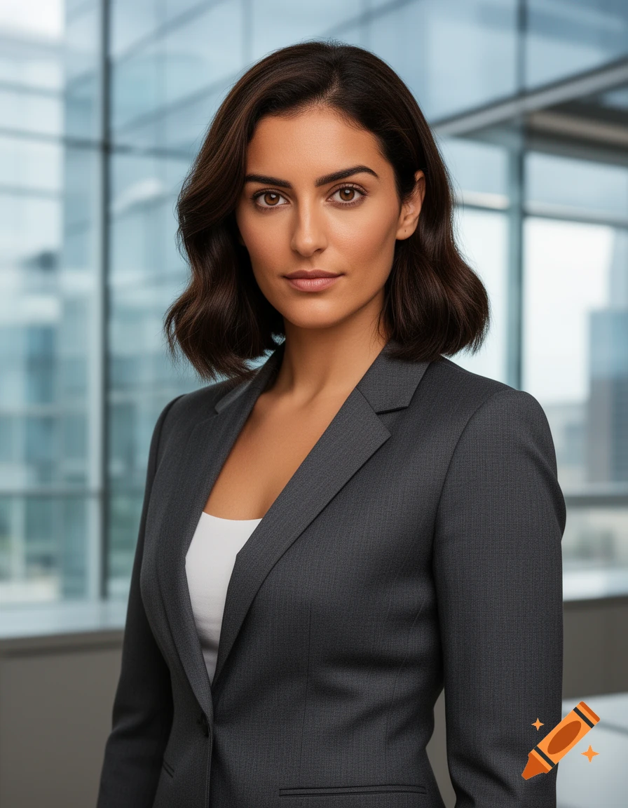 Photorealistic portrait of a woman with dark hair in a gray business suit against a blurred office background.
