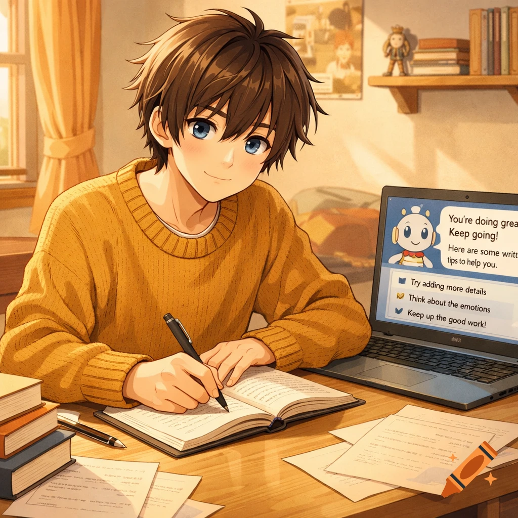 Anime style young man with brown hair and blue eyes writes in a notebook at a desk with a laptop showing AI writing tips in a cozy, sunlit room.