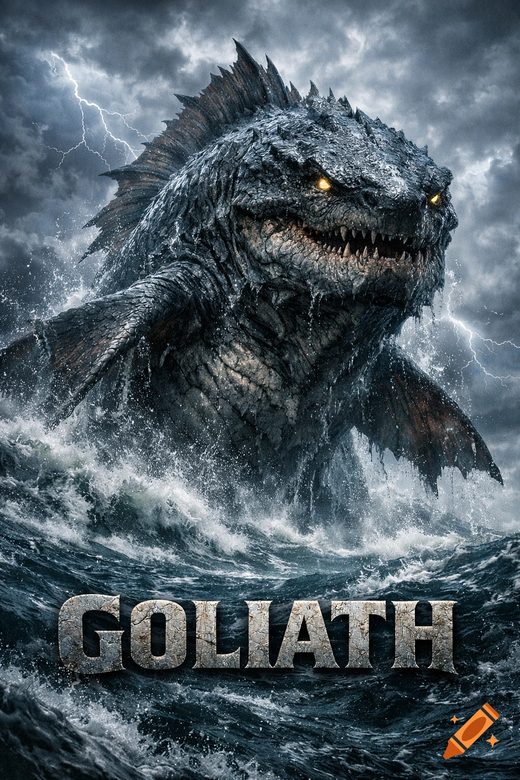 A giant, scaly sea monster with glowing yellow eyes emerges from stormy waves under a lightning-filled sky, with 'GOLIATH' text below.