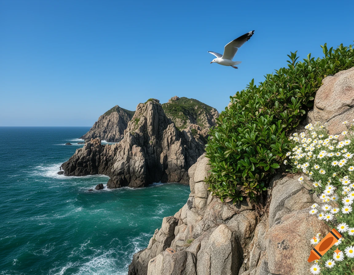 A photorealistic seagull flies over a rocky coastline with turquoise sea, green bushes, and white daisies under a clear sky.