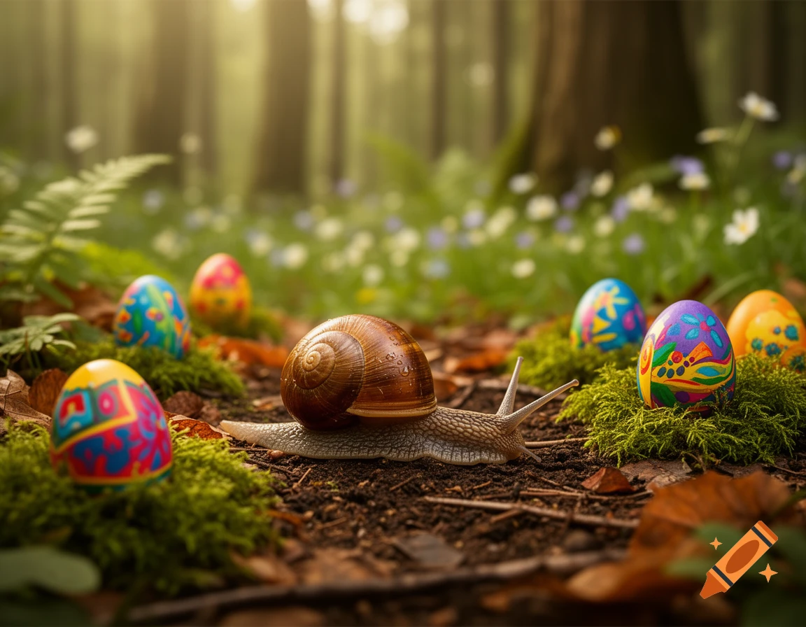 A close-up of a snail crawling on a forest floor surrounded by colorful, decorated Easter eggs, with blurred trees in the background.