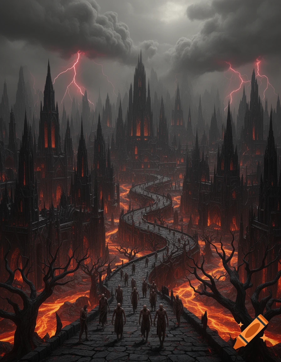 A dark, hellish city with black gothic castles, rivers of lava, a path of figures, and red lightning in a stormy sky.