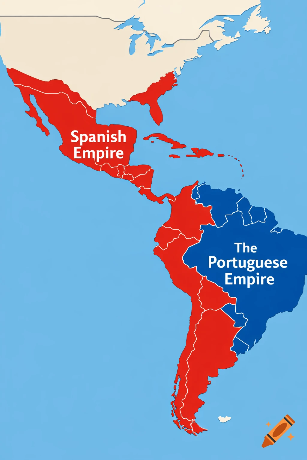 A political map of the Americas showing the Spanish Empire in red covering much of North, Central, and South America, and the Portuguese Empire in blue covering Brazil.