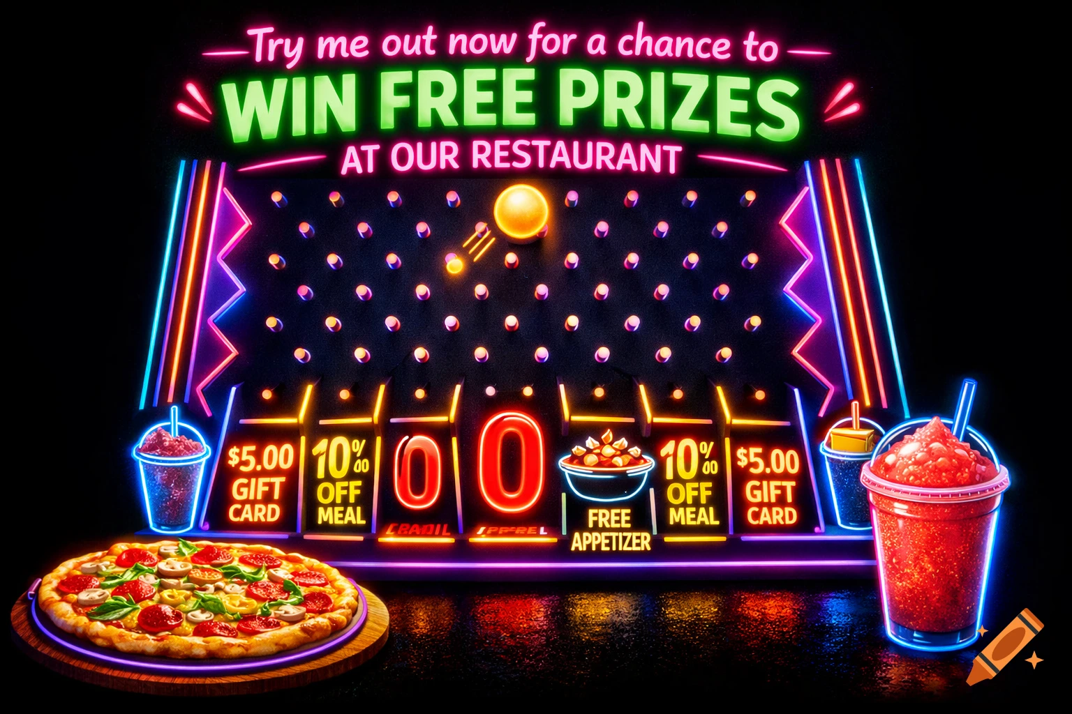 Neon-lit plinko game advertisement for a restaurant, featuring a pizza and a frozen slushy at the bottom, with prizes like gift cards and free appetizers.