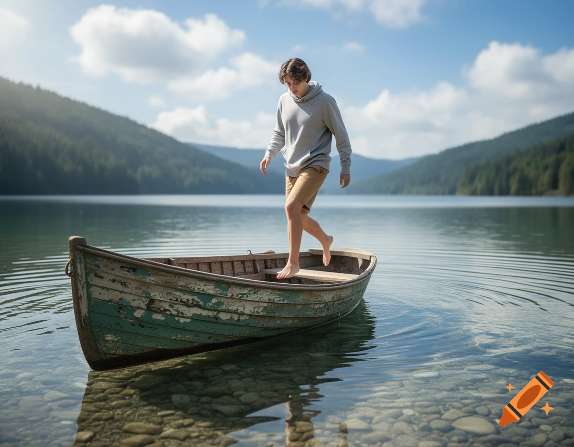 A young man steps barefoot from an old green rowboat into clear lake water, surrounded by mountains under a blue sky.