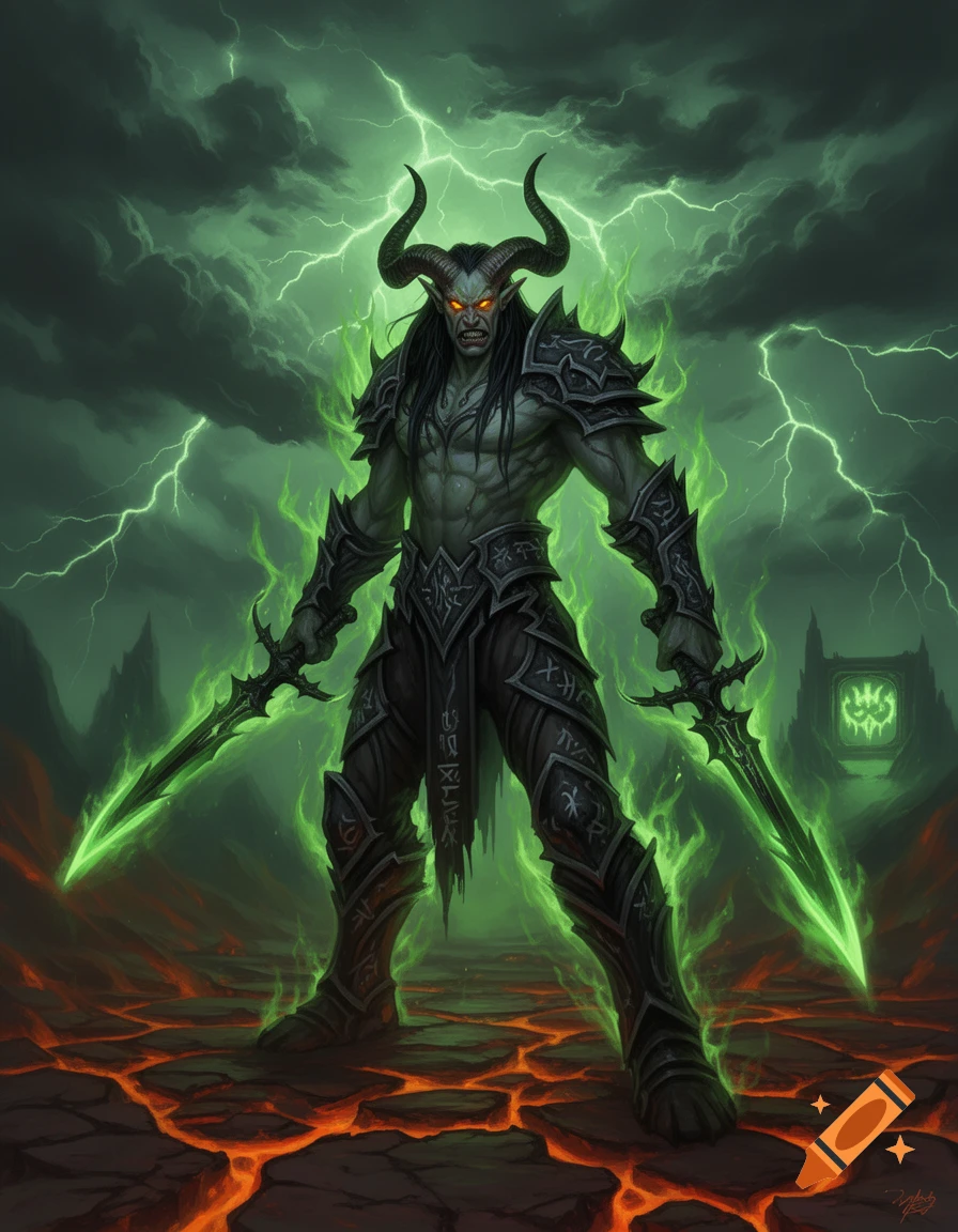 A demonic warrior with horns and glowing eyes in dark armor, holding two green glowing swords, stands on lava-cracked ground under a green lightning storm.