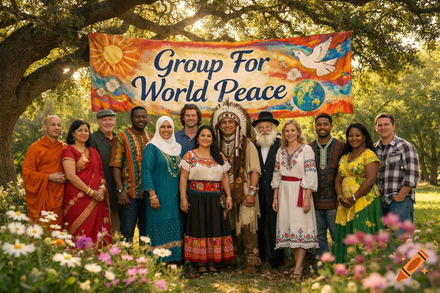 A diverse group of people in traditional attire stands outdoors under a banner reading 'Group For World Peace'.