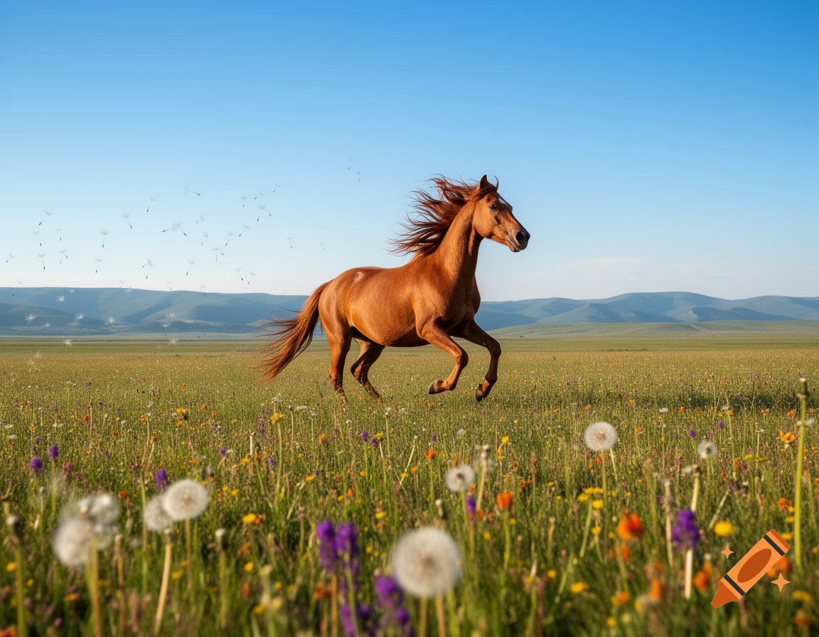 A brown horse gallops through a vibrant wildflower meadow under a clear blue sky, with distant mountains.