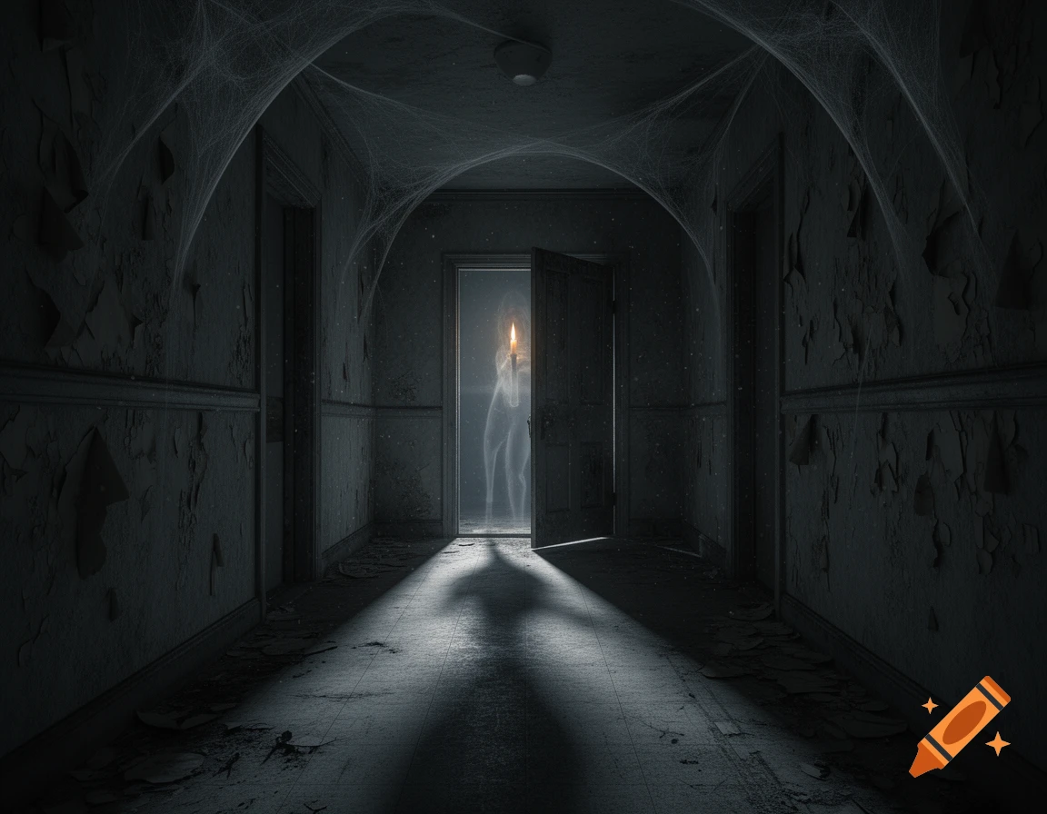 A long, dark, decaying hallway covered in cobwebs, with a glowing ghostly figure holding a candle in an open doorway at the end.