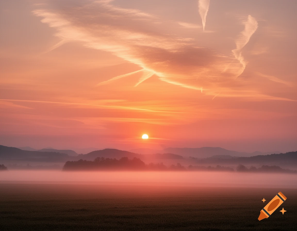 Vibrant orange and pink sunset over a misty field with distant ...