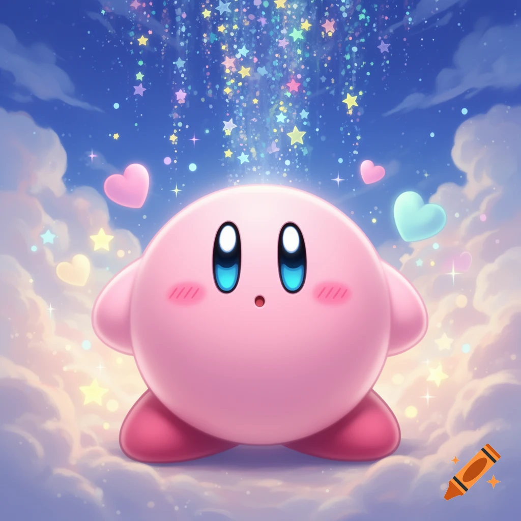 A cute pink Kirby character with a tiny dot mouth and big blue eyes, standing on clouds surrounded by falling hearts and stars in a blue sky.