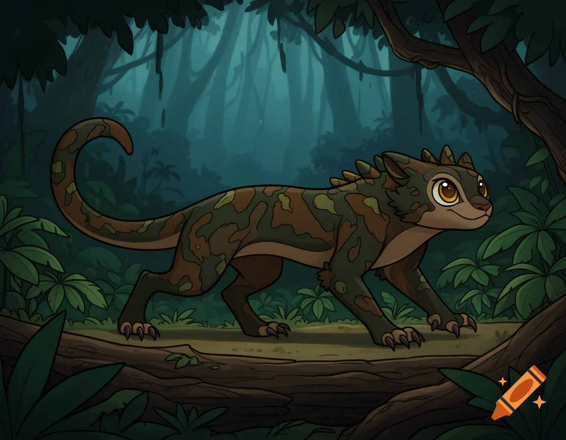 Cartoon Selvara, a fictional dark green and brown camouflage predator with large eyes and spikes, walks on a log in a stylized rainforest.
