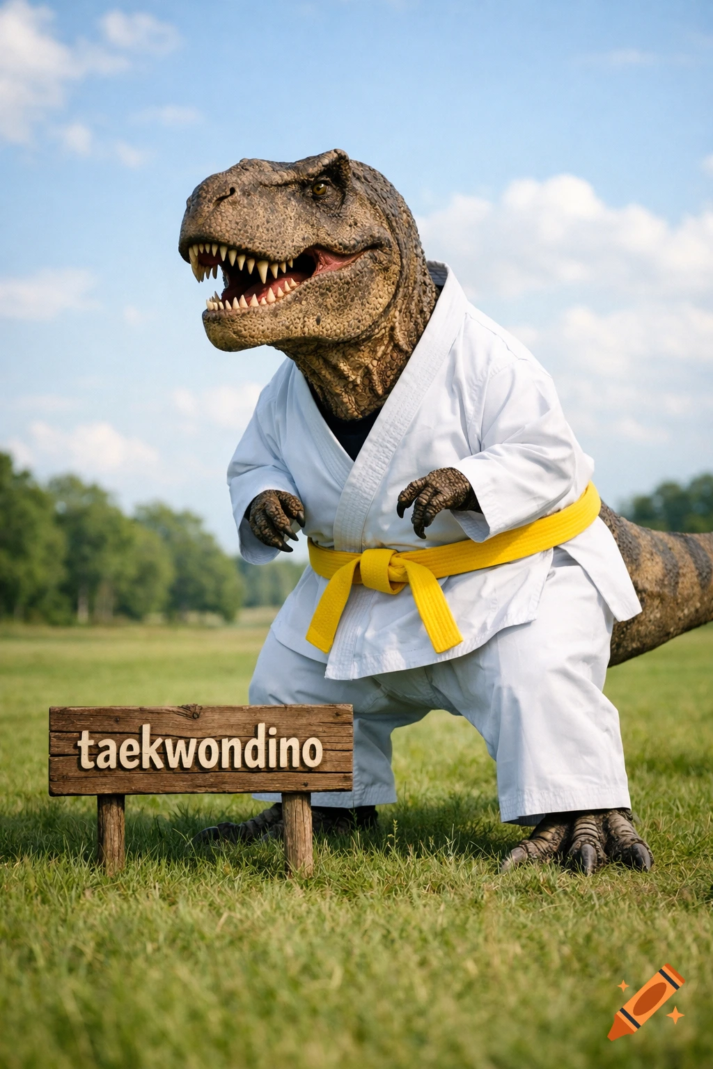 Photorealistic T-Rex wearing a white taekwondo gi with a yellow belt, standing in a grassy field next to a sign reading "taekwondino".