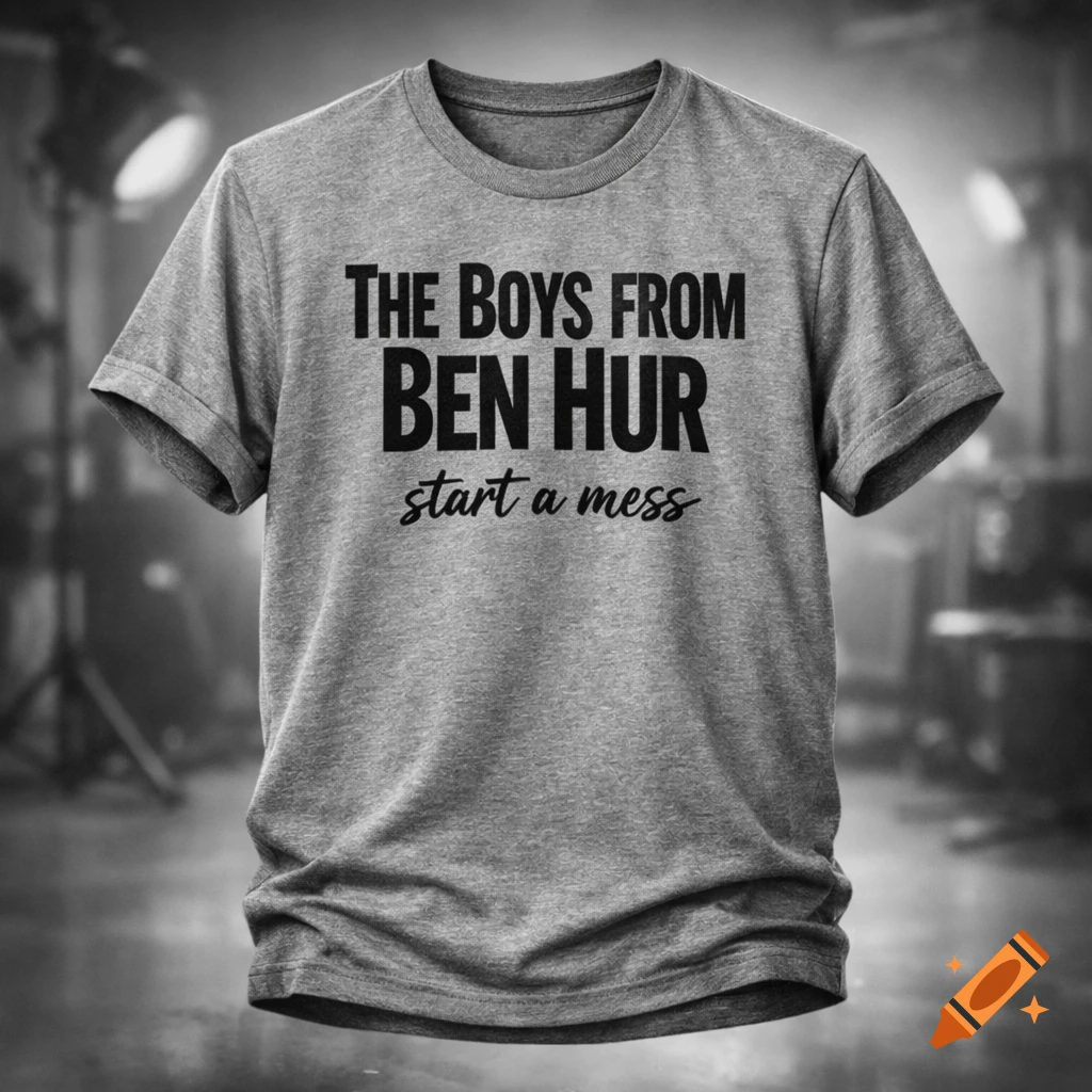 A gray t-shirt with black text reading "THE BOYS FROM BEN HUR" in block font and "start a mess" in script below, set against a blurred studio background.