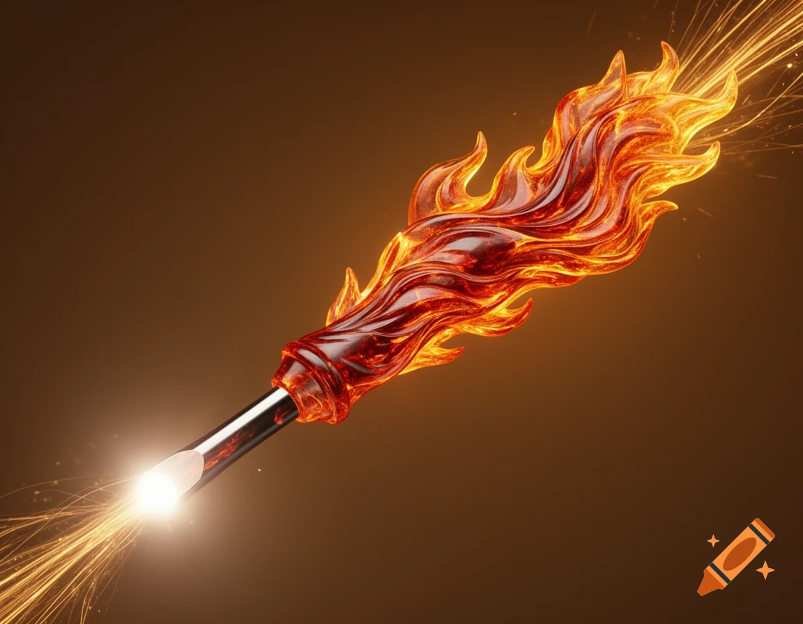 Stylized screwdriver with a flame-shaped handle of molten gold and red, glowing intensely at the tip with sparks flying.