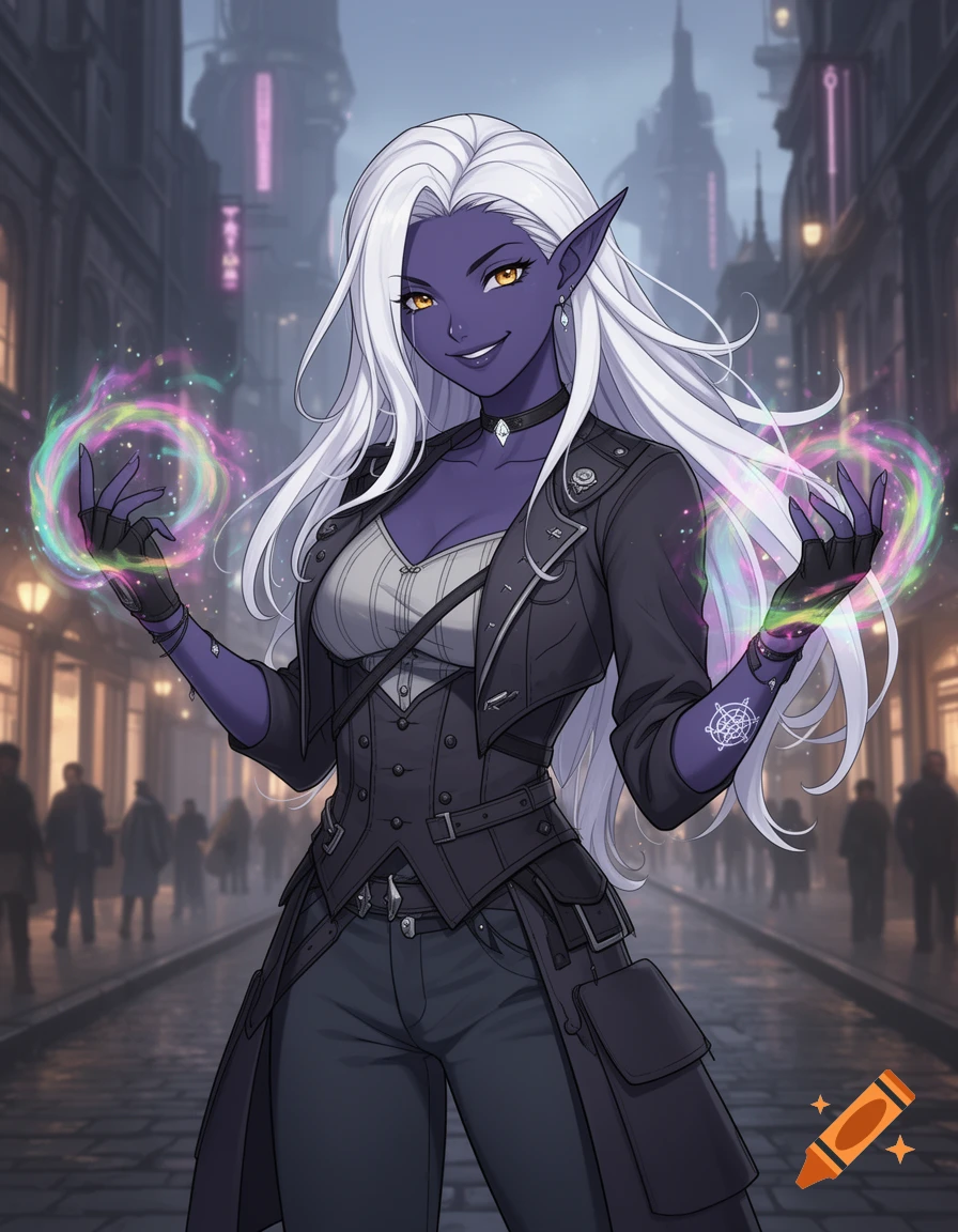 Anime-style Drow elf with white hair, dark skin, and amber eyes ...