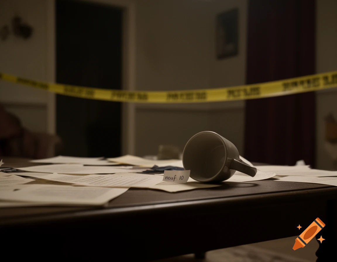 A dimly lit crime scene with an overturned mug and scattered papers on a table, with yellow crime scene tape in the background.