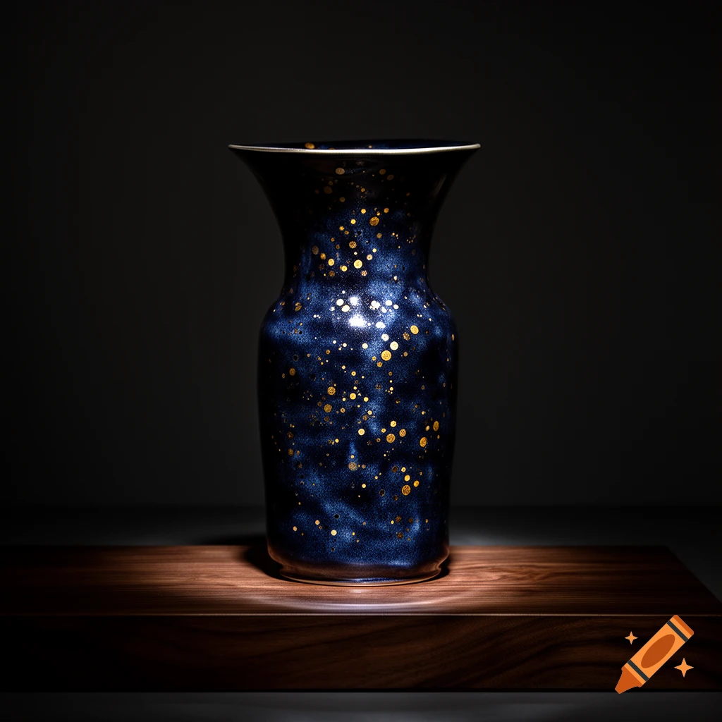 A tall, dark blue ceramic vase with scattered gold dots, reflecting light, stands on a dark wooden surface in a studio.