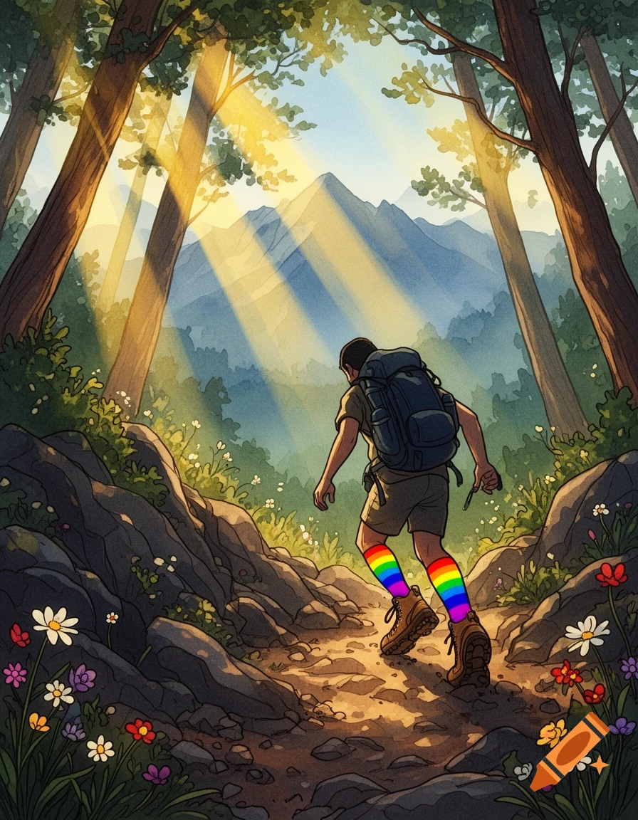 Illustration of a hiker with a backpack and rainbow socks walking on a forest path towards sun-drenched mountains.
