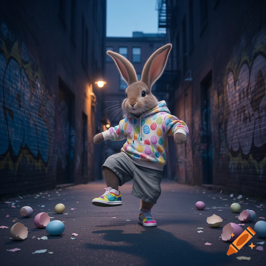 Photorealistic Easter bunny in hip-hop attire dances in a dark, graffiti-covered alley amidst scattered, cracked Easter eggs.