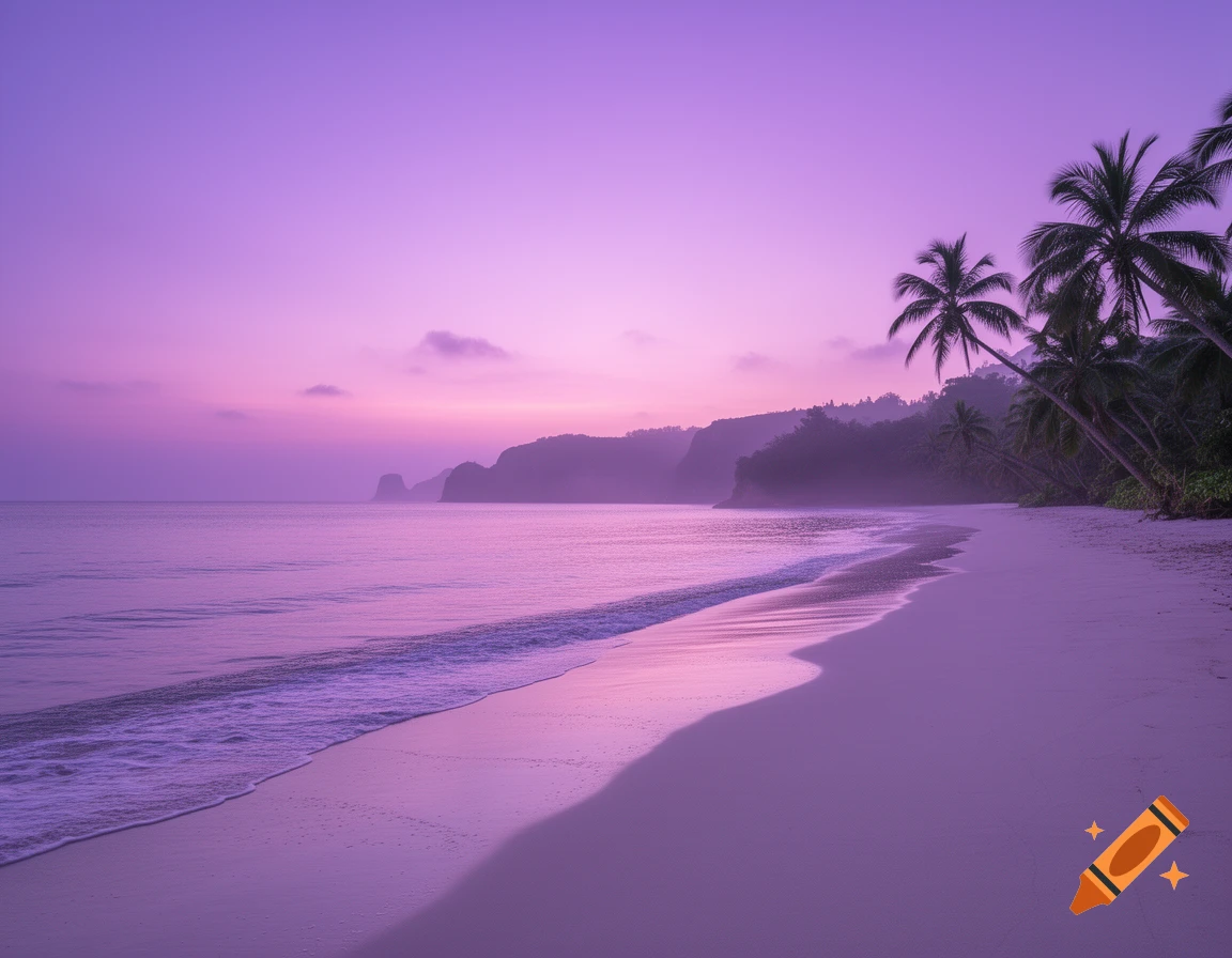 Purple sunset over a tropical beach with palm trees and calm waves ...