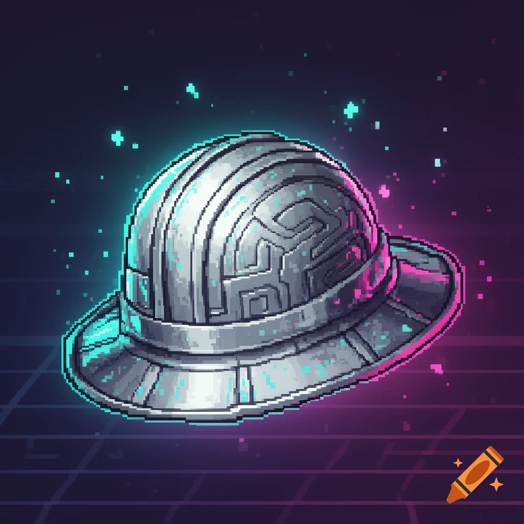 Extreme pixel art aluminum hat with futuristic patterns, glowing on a dark background with neon grid and sparkles.