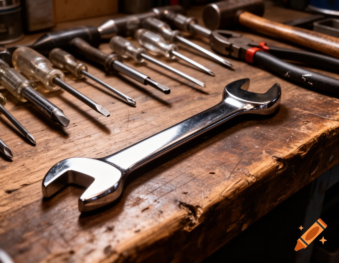 A shiny silver wrench rests on a rustic wooden workbench, surrounded by blurred screwdrivers, pliers, and other tools.
