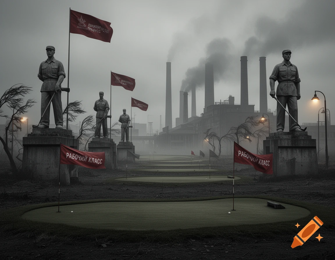 A dystopian golf course featuring large worker statues, red communist flags, and smokestacks from an industrial factory under a grey, foggy sky.