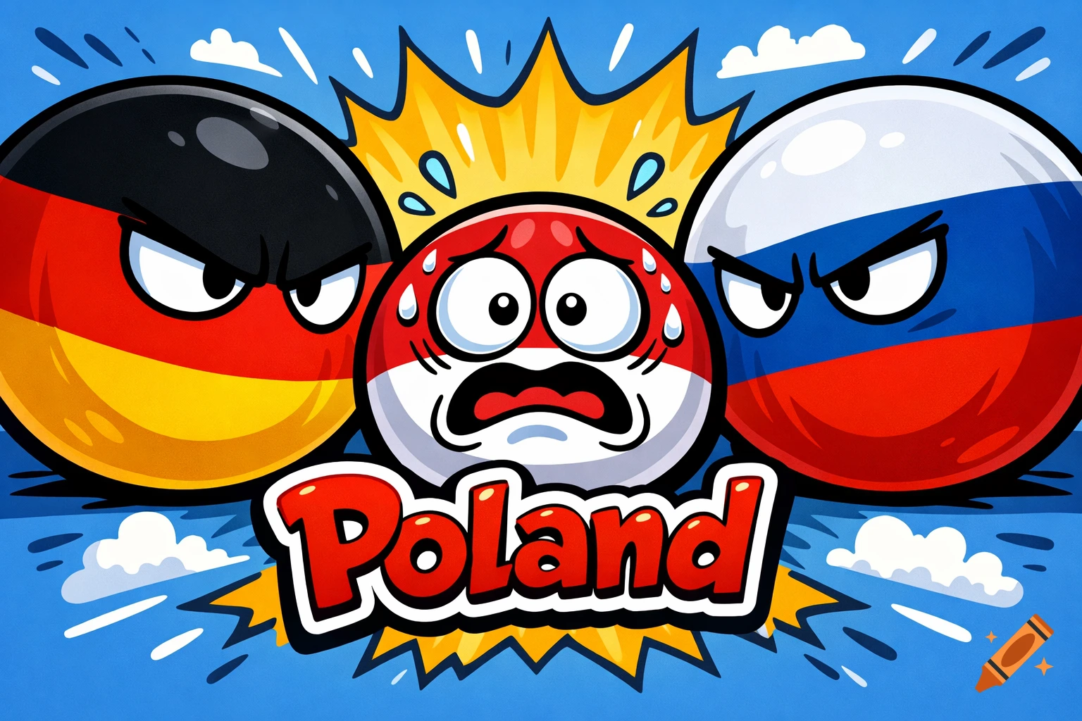 Scared Poland countryball between angry Germany and Russia countryballs, with the word 'Poland' below, cartoon style.