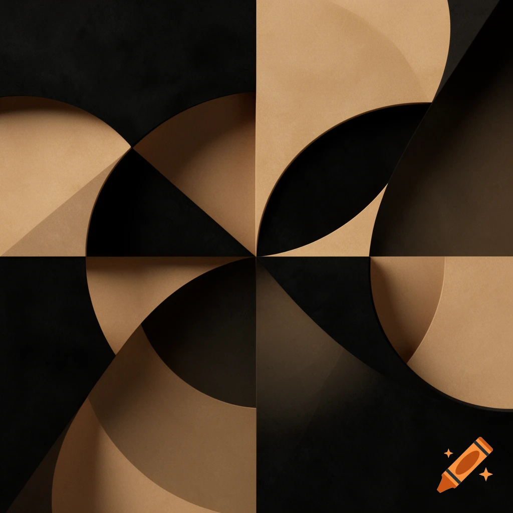 Abstract geometric pattern of overlapping black and tan quarter-circle and triangular shapes with shadows.