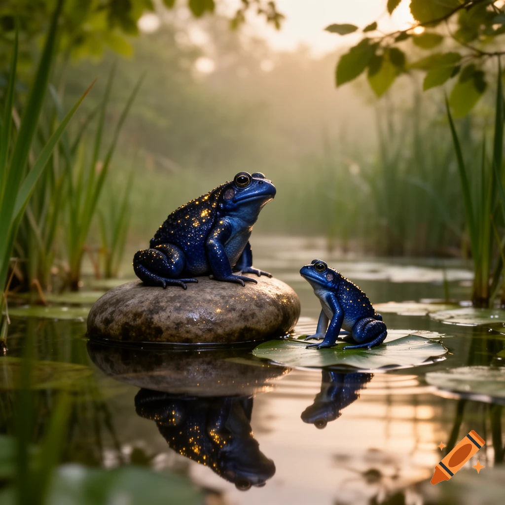 Two sparkling navy blue frogs, one large on a rock and one small on a lily pad, in a misty pond at sunrise.