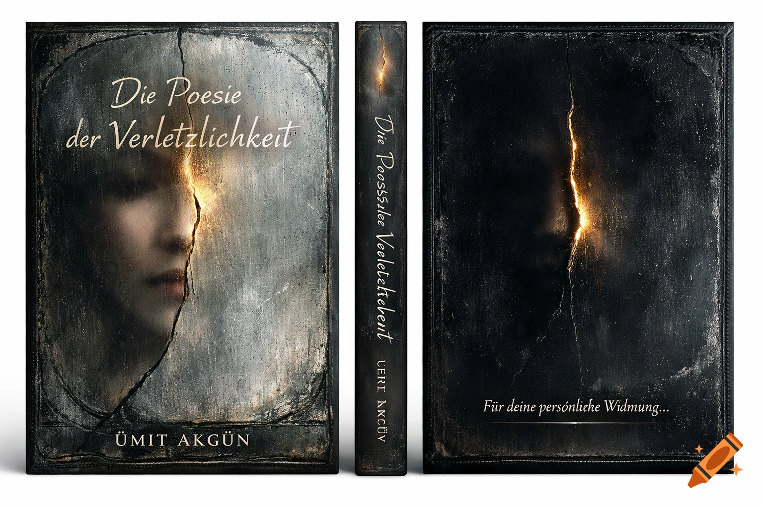 An artistic book cover for 'Die Poesie der Verletzlichkeit' features a fractured mirror with a glowing crack, revealing a blurred face on a silver-gray background.