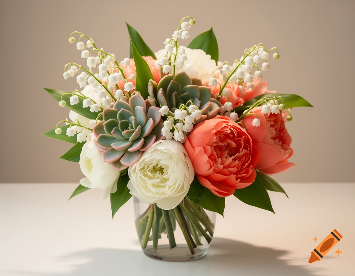 A beautiful bouquet featuring coral peonies, white ranunculus, green succulents, and white lily of the valley in a clear vase.