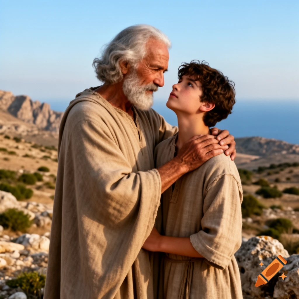 An elderly man with a white beard in a tunic embraces a young boy, looking at each other in a rocky outdoor landscape.