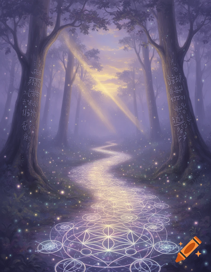 A magical forest path glows with sacred geometry patterns, illuminated by sunbeams and sparkling particles. Trees bear mystical carvings.