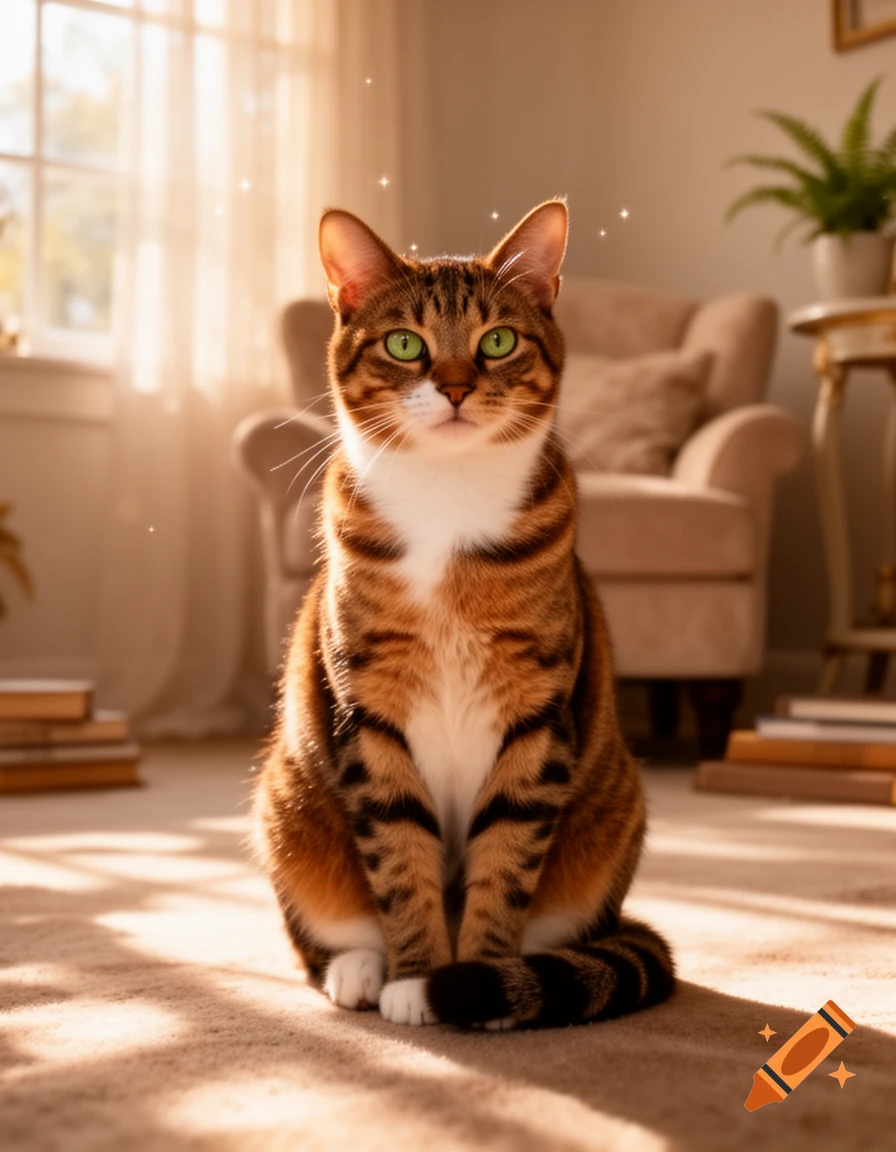 A photorealistic tabby cat with green eyes sits on a carpet in a sunlit living room.