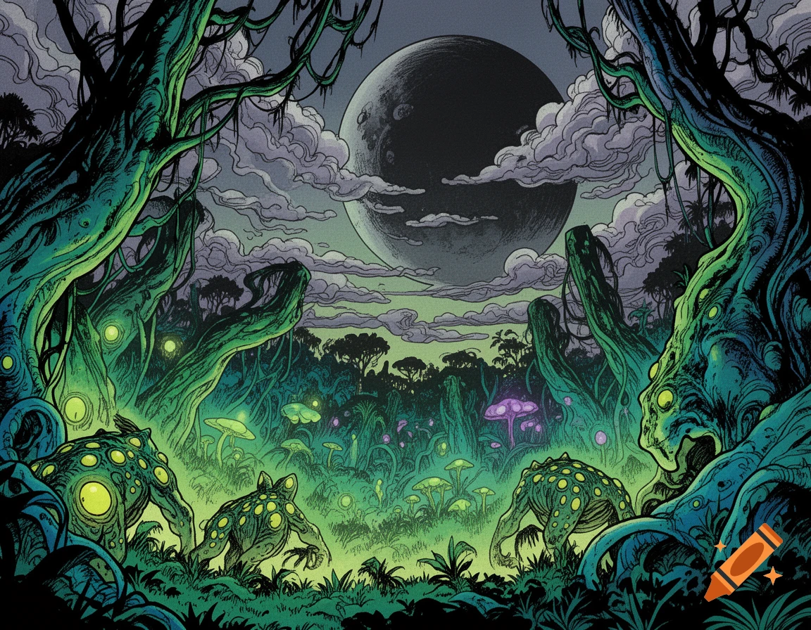 A vibrant comic book style alien jungle at night under a large moon, with glowing fungi and strange, spotted creatures on all fours.