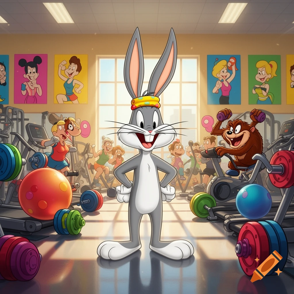 Bugs Bunny, wearing a yellow headband, stands proudly in a gym with Taz on an exercise bike and other cartoon characters working out.