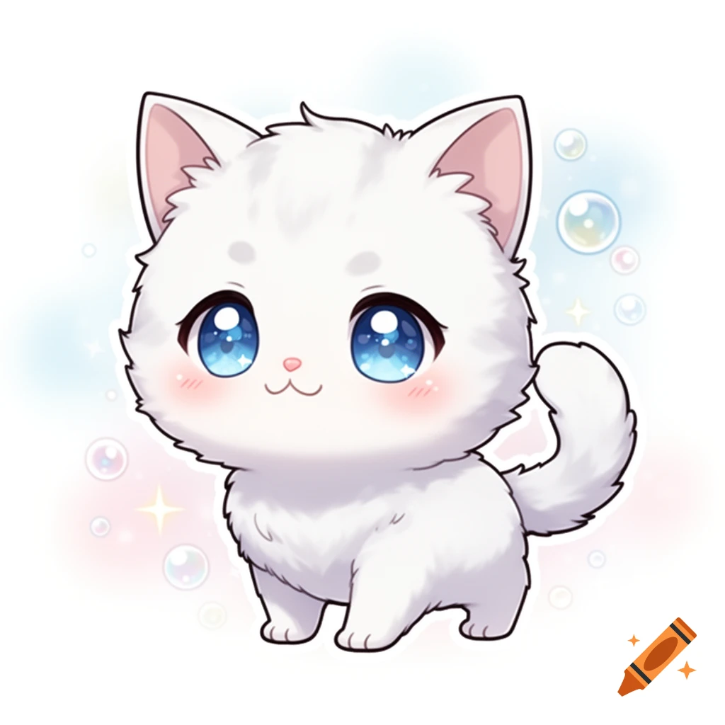 A fluffy white chibi kitten with large blue eyes and pink blushing cheeks, smiling, surrounded by colorful bubbles and sparkles.