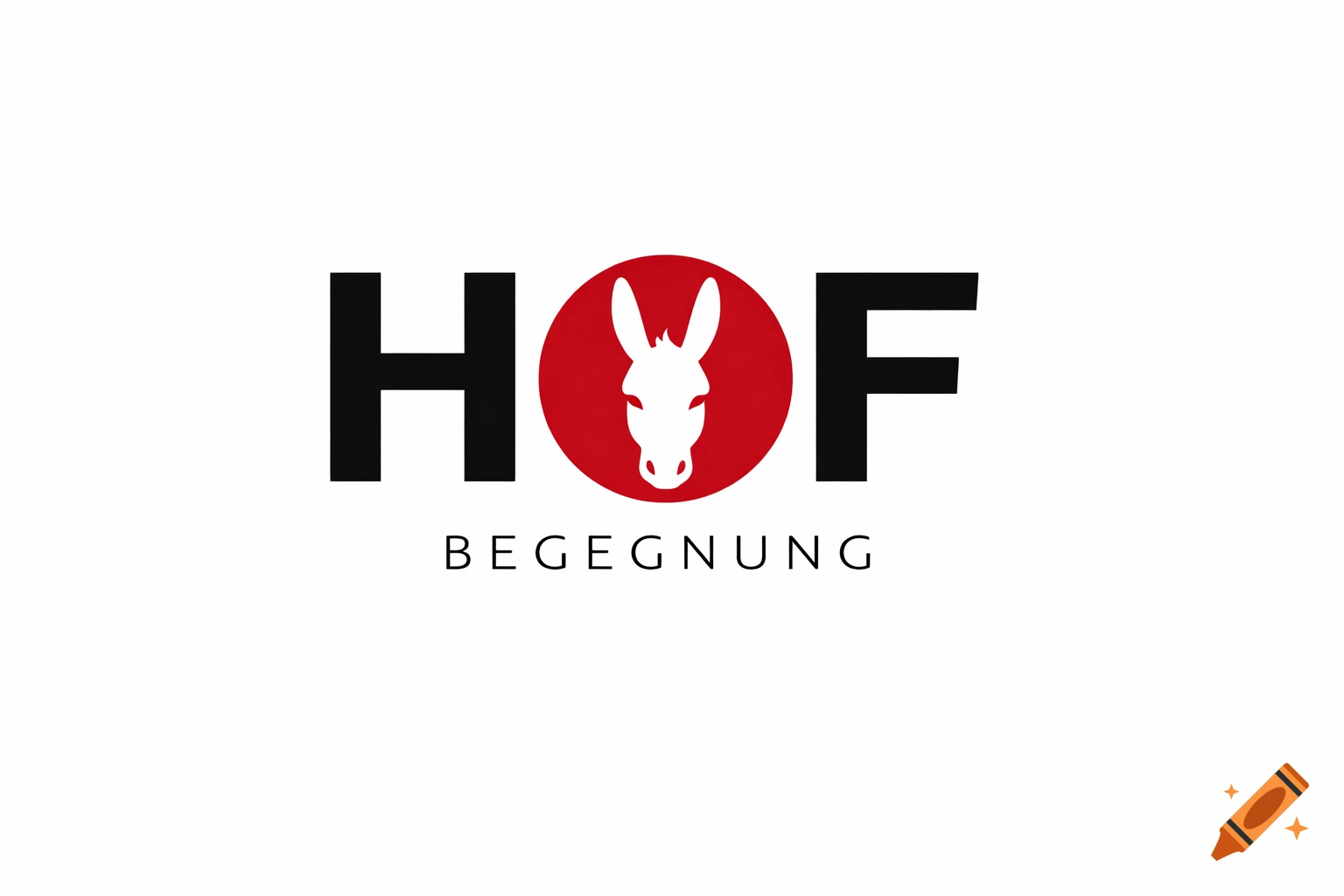 Minimalist logo with black letters H and F, a red circle with a white donkey head as the O, and 'BEGEGNUNG' below.