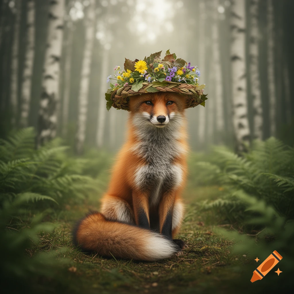 A photorealistic fox sitting in a forest, wearing a woven hat decorated with colorful flowers and leaves.