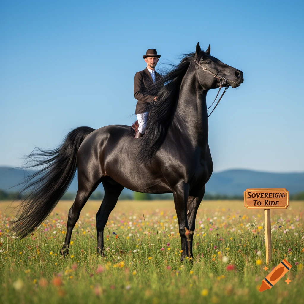 A man in a brown hat and jacket rides a majestic black horse in a field of wildflowers under a clear blue sky, next to a sign reading 'Sovereign To Ride'.