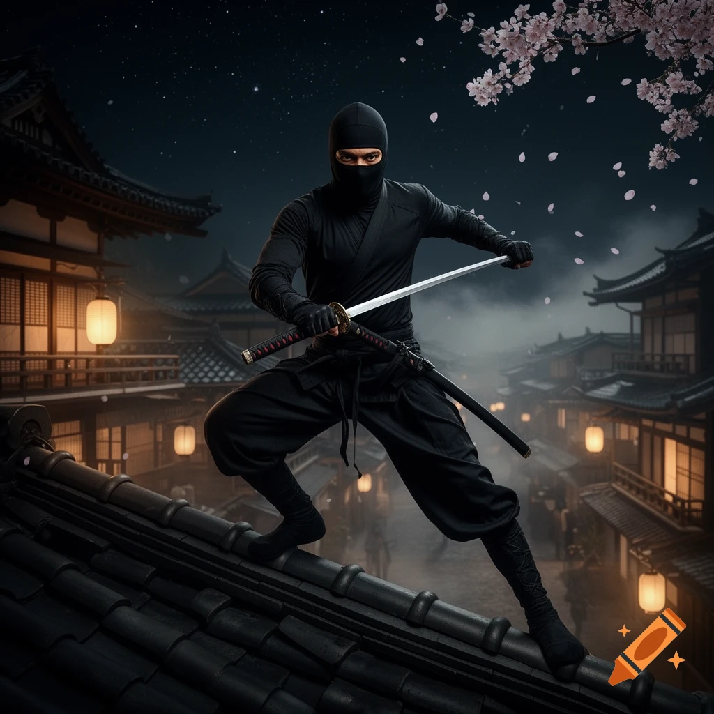 A photorealistic ninja in a black suit poses on a tiled rooftop with a katana, overlooking a traditional Japanese town at night under falling cherry blossoms.