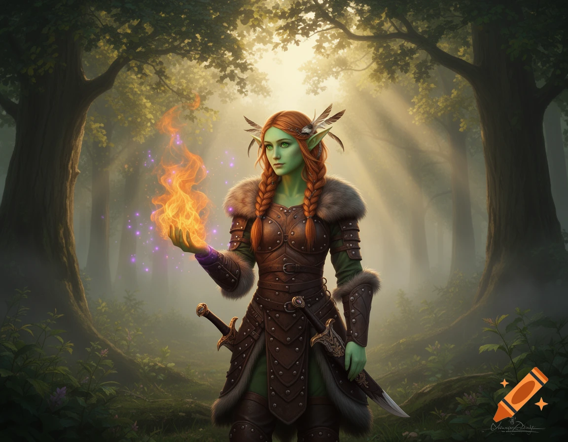 Green-skinned wood elf ranger with red braids and feathers stands in a sunlit forest, holding a fiery orb with purple sparks.
