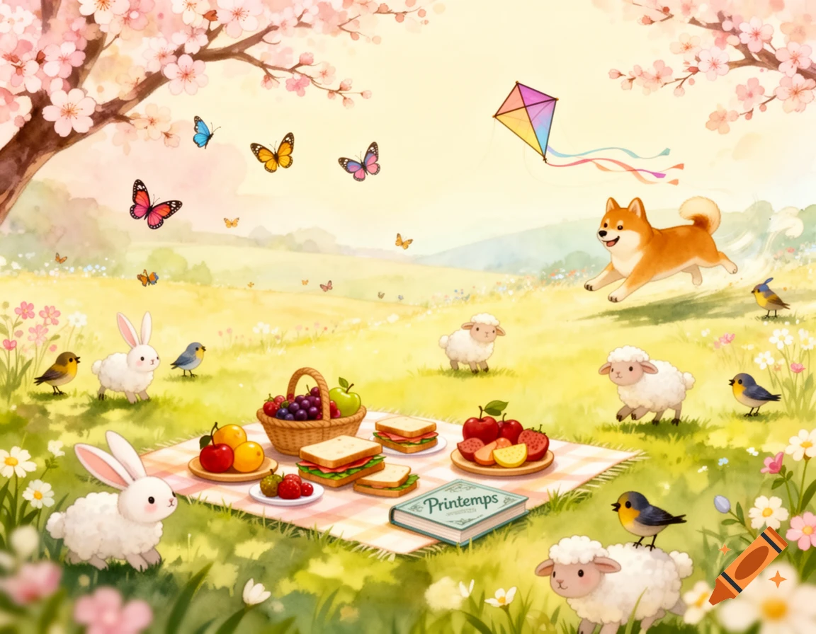 Watercolor illustration of a spring picnic in a meadow with bunnies, sheep, birds, a shiba inu, butterflies, a kite, and cherry blossoms.