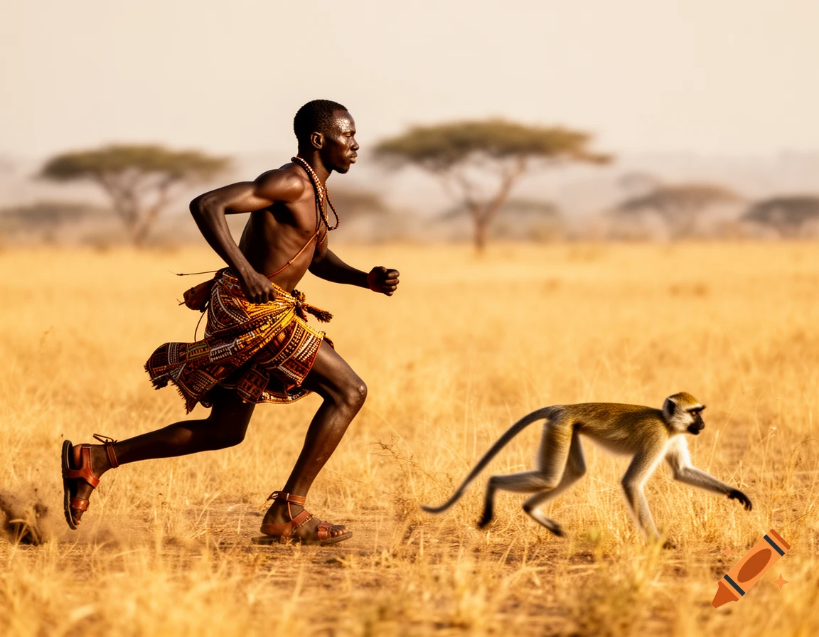 A man in traditional attire runs through a dry savanna, chasing a monkey with acacia trees in the background.