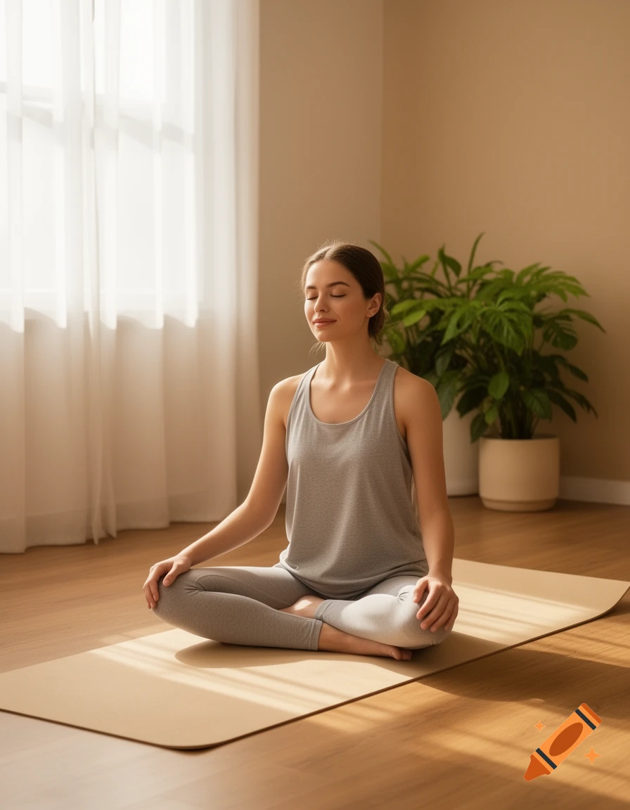 A woman with closed eyes meditates in a cross-legged position on a yoga mat in a sunlit room.