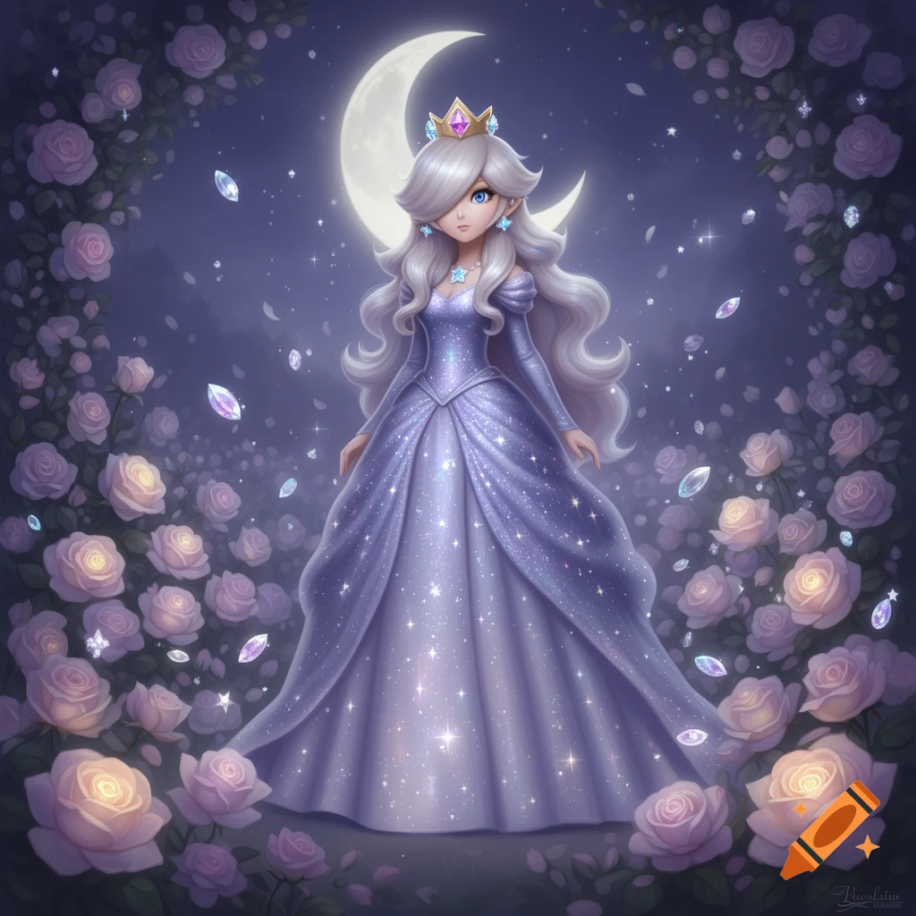 An anime princess in a sparkling purple gown stands in a magical garden of glowing lavender roses under a crescent moon.