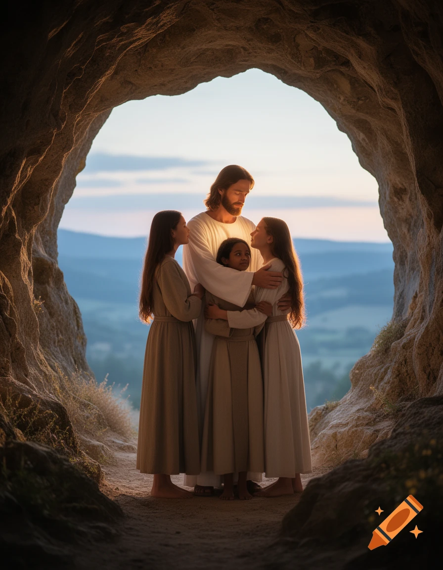 Photorealistic image of Jesus with a beard and long hair, dressed in white, hugging three young girls inside a sunlit cave opening.