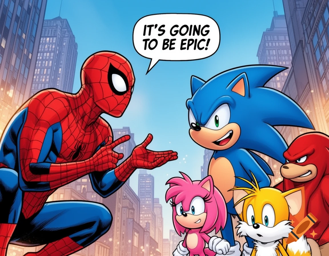 Spider-Man gestures while talking to Sonic the Hedgehog, Amy, Tails, and Knuckles in a comic book style, with city buildings in the background.
